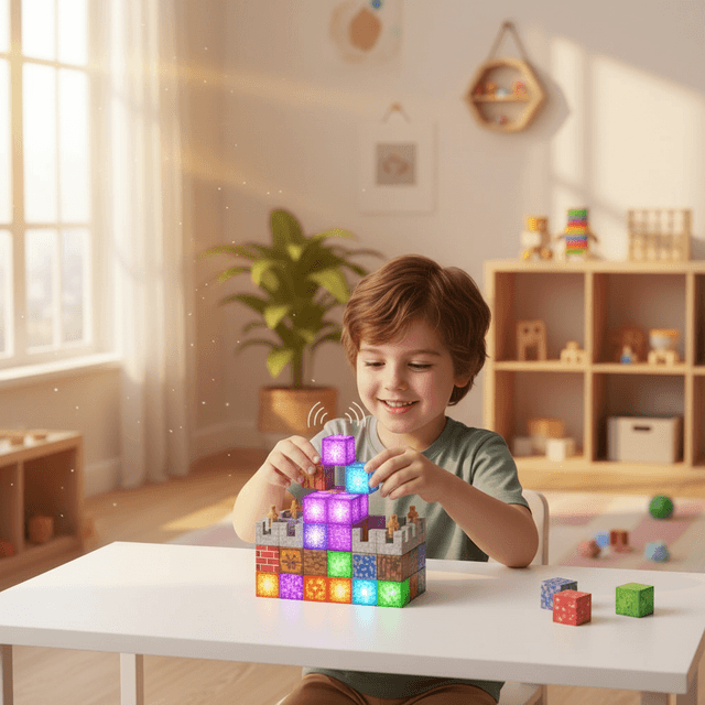 Enfant concentre qui joue avec les cubes magnetiques CubeCraft